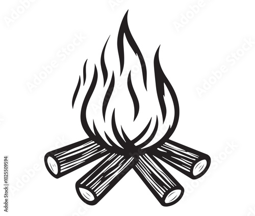 Burning bonfire with a large flame for camping, Illustration of a fire icon, Campfire silhouette vector, Campfire icon