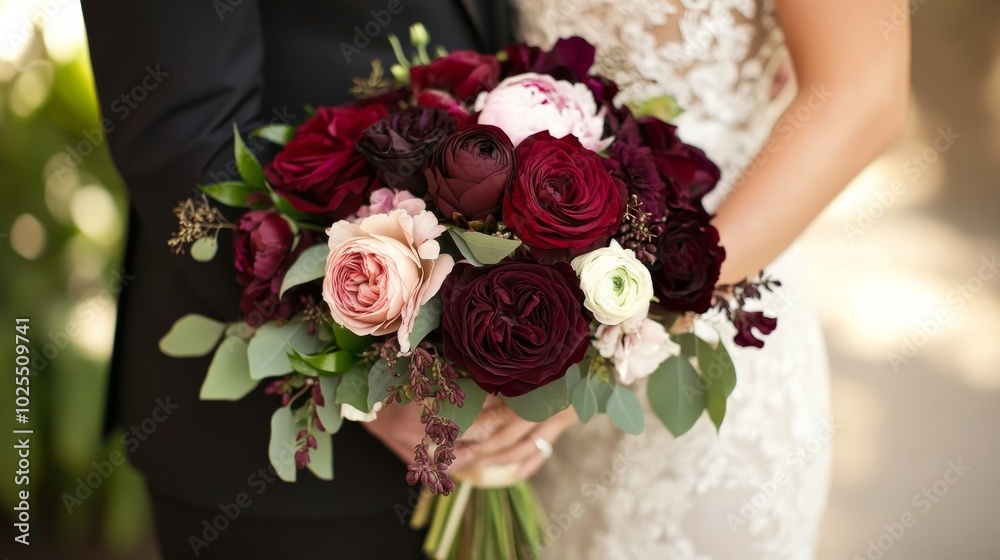 Red blooms grace wedding bouquet Red blooms grace wedding bouquet