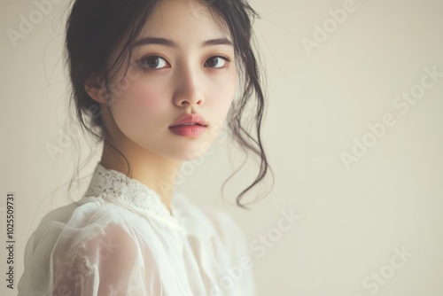 Elegant woman in a white dress posing indoors.