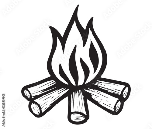 Burning bonfire with a large flame for camping, Illustration of a fire icon, Campfire silhouette vector, Campfire icon