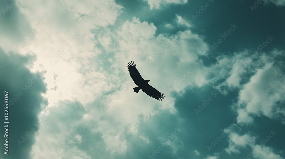 silhouette of a bird flying through a blue and white cloudy sky silhouette of a bird flying through a blue and white cloudy sky