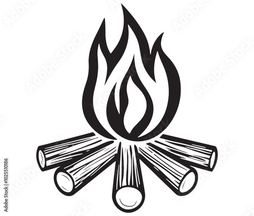 Burning bonfire with a large flame for camping, Illustration of a fire icon, Campfire silhouette vector, Campfire icon