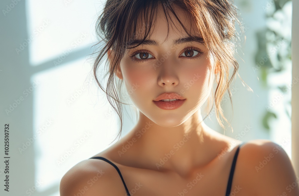 Portrait of a woman with delicate features in a serene setting. Portrait of a woman with delicate features in a serene setting.