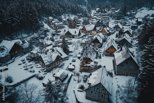 aerial view of a snowy village in winter with traditional houses and forests