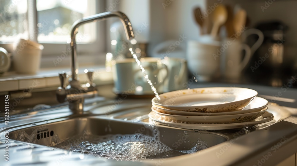 Stack of Dishes in a Kitchen Sink with Water Running Stack of Dishes in a Kitchen Sink with Water Running