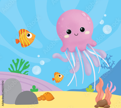 Cute Jellyfish With Fish background under sea