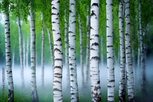 Fog creeping through a birch forest, with the white trunks of the trees standing out against the soft, swirling mist, creating a calm and hauntingly beautiful atmosphere