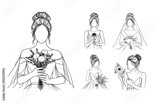 Hand-drawn clipart of a woman at a wedding, featuring a messy bun and floral accents