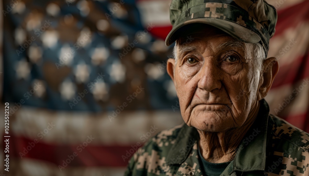 Veteran soldier honoring the flag in a patriotic scene. Veteran soldier honoring the flag in a patriotic scene.