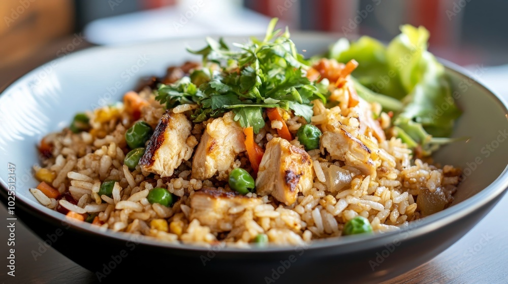 Restaurant-style fried rice with fresh ingredients and salad Restaurant-style fried rice with fresh ingredients and salad