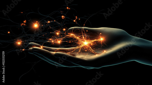 Hand Holding Glowing Nervous System with Firing Synapses, Illuminated Neural Network in Night Sky-Like Background photo