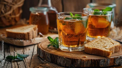 Iced Tea with Mint and Bread on Wooden Surface