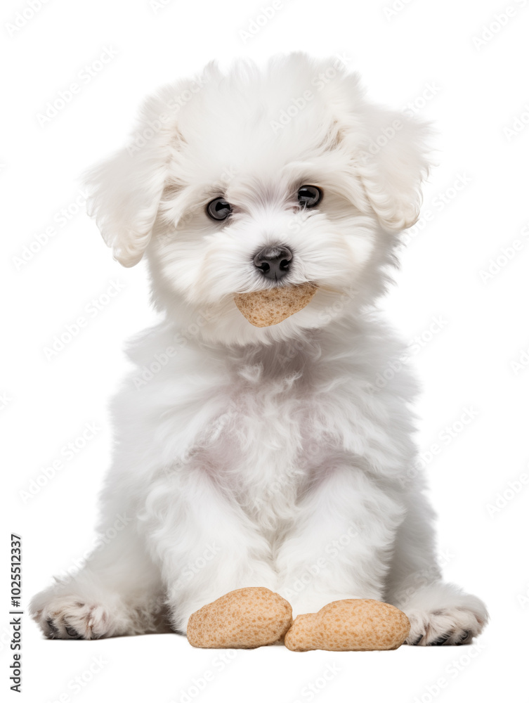 White Fluffy Puppy Sitting With A Biscuit In Its Mouth On Transparent Background White Fluffy Puppy Sitting With A Biscuit In Its Mouth On Transparent Background