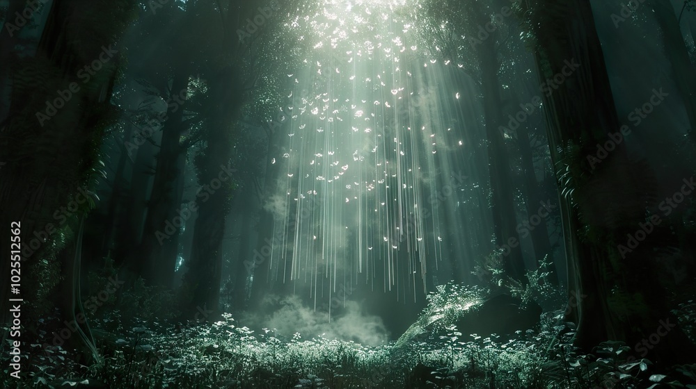 Enchanted Forest: Sunlight Beams Through Tall Trees Enchanted Forest: Sunlight Beams Through Tall Trees