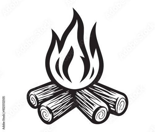 Burning bonfire with a large flame for camping, Illustration of a fire icon, Campfire silhouette vector, Campfire icon