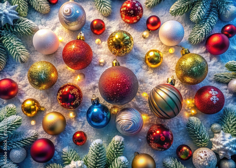 Christmas Greeting Card with Frosty Patterns and Beautiful Ornaments in Drone Photography Christmas Greeting Card with Frosty Patterns and Beautiful Ornaments in Drone Photography