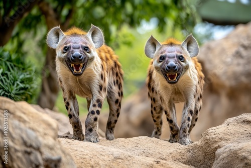 Hyenas laughing and chasing each other in their rocky habitat, their eerie cackling filling the air as they engage in playful competition