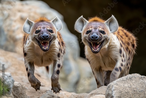 Hyenas laughing and chasing each other in their rocky habitat, their eerie cackling filling the air as they engage in playful competition