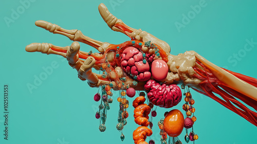 Surreal Skeletal Hand Clutching Digestive System, Brightly Colored Organs Hanging Like Precious Gems photo