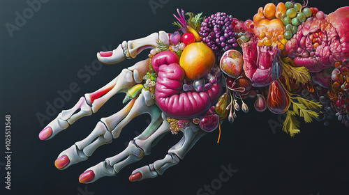 Skeletal Hand Grasping Vibrant Digestive System with Hanging Organs Like Jewels, Anatomy Art Concept photo