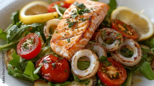 Appetizing calamari, salmon, veggie salad