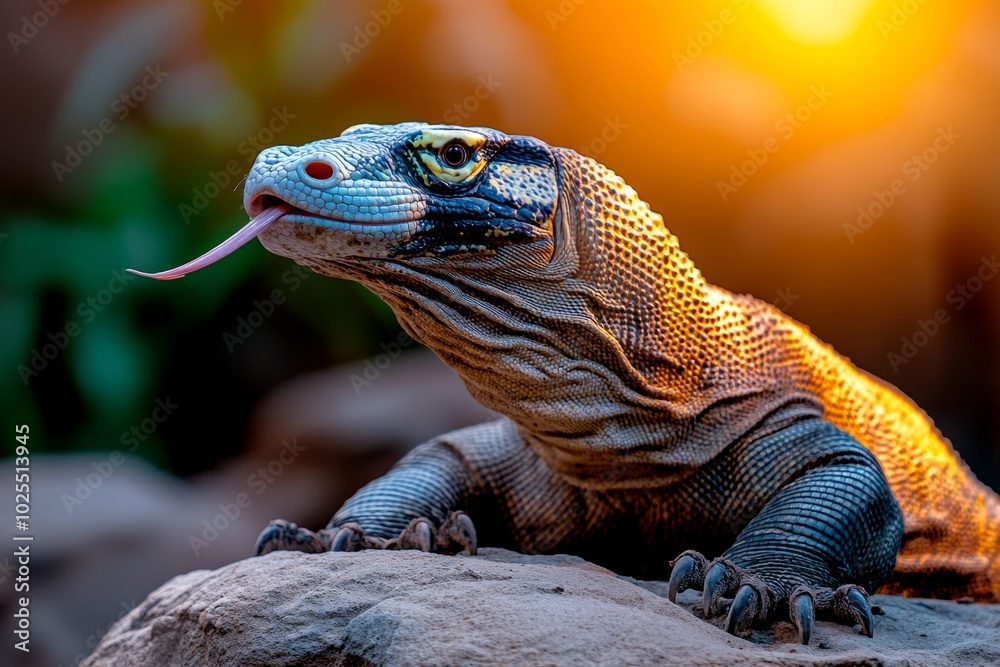 Fototapeta premium Komodo dragon sunbathing on a rock, its scaly skin glistening in the light, and its forked tongue flicking out as it surveys its surroundings