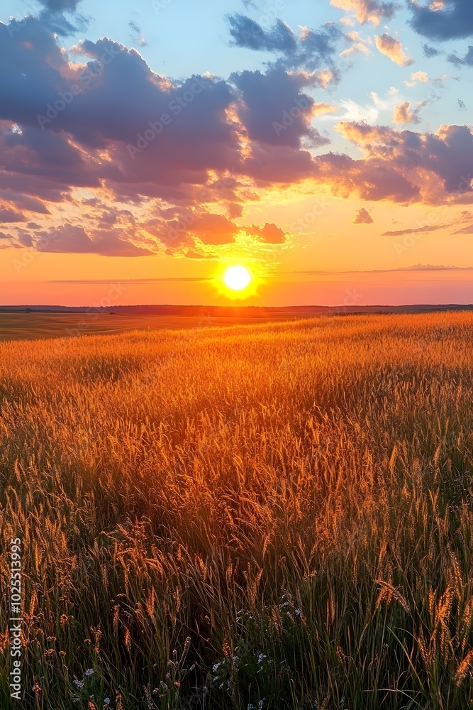 A vibrant sunset paints the sky with hues of orange, pink, and blue as the sun sets over a field of tall grass. A vibrant sunset paints the sky with hues of orange, pink, and blue as the sun sets over a field of tall grass.