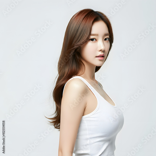 Beautiful young asian woman with clean fresh skin, on white background, asian beauty