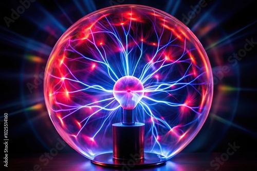 Decoration lamp in the shape of a plasma ball with red and blue electrodes against a low angle view