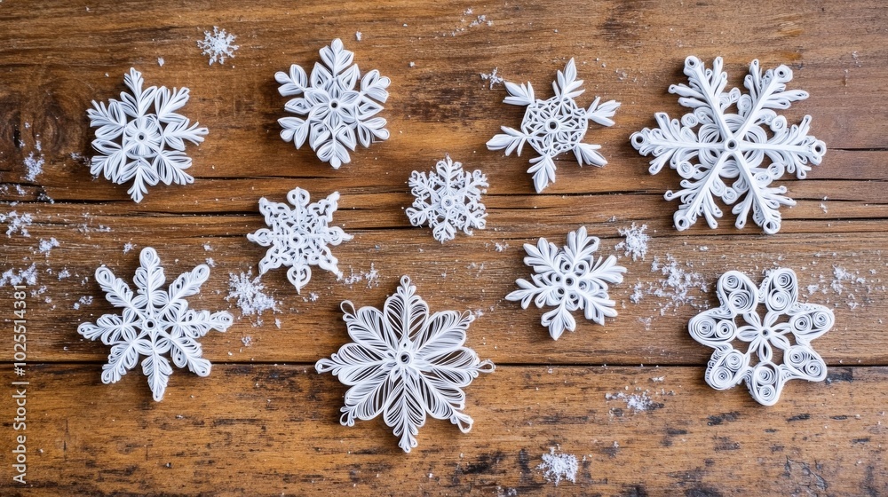 Quilled paper snowflakes on wood