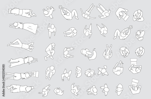 Architectural Drawings, people plan vector in park out door illustration, top view, Minimal style hand drawn, set elements for architecture and landscape design. Sections, Elevations, Floor Plans.