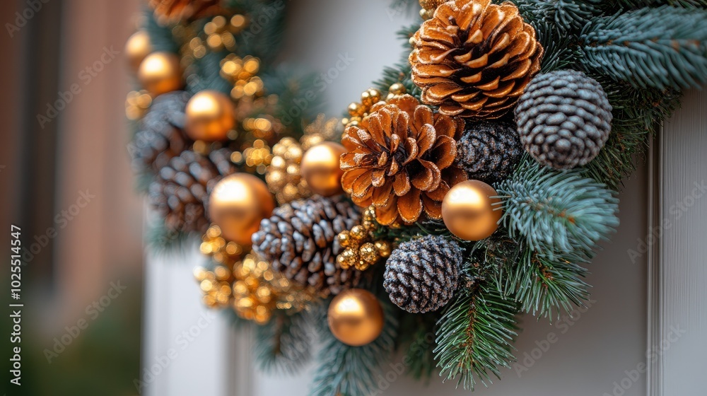 Christmas wreath hanging on white front door with gold and bronze baubles and pine cones