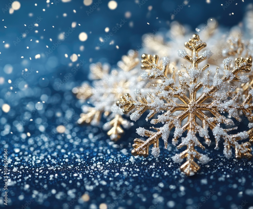 Golden snowflakes falling on snowy blue background for christmas