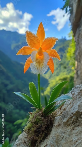 Orange and white orchid growing on rock face in andes mountains