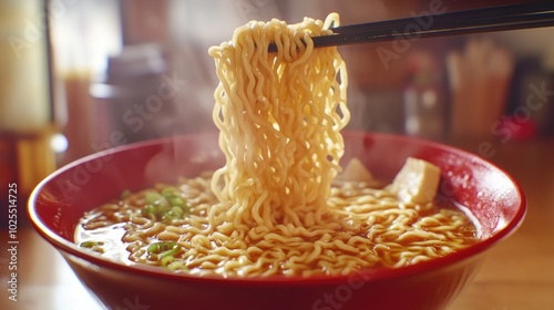 Delicious Ramen Noodles in Red Bowl with Steam photo