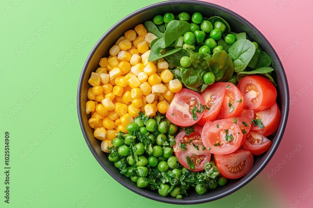 Fresh salad with spinach, tomatoes, corn and peas on green background Fresh salad with spinach, tomatoes, corn and peas on green background