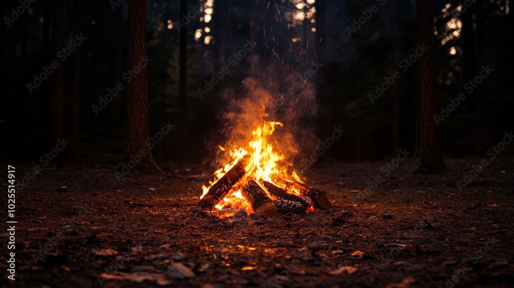 A warm glowing campfire burning brightly in the forest night with orange and red flames lighting up the dark sky A warm glowing campfire burning brightly in the forest night with orange and red flames lighting up the dark sky