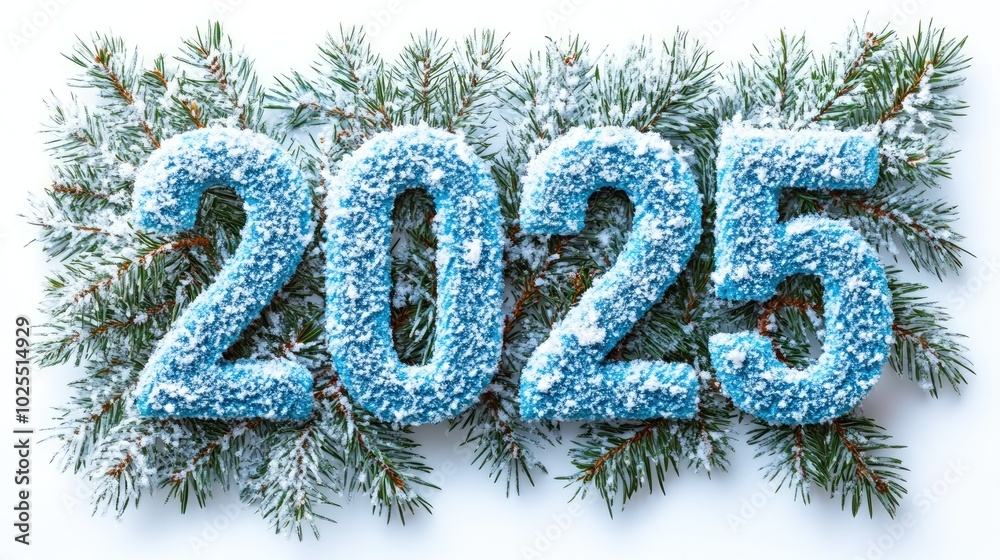 2025 blue numbers covered in snow with pine branches on white background 2025 blue numbers covered in snow with pine branches on white background