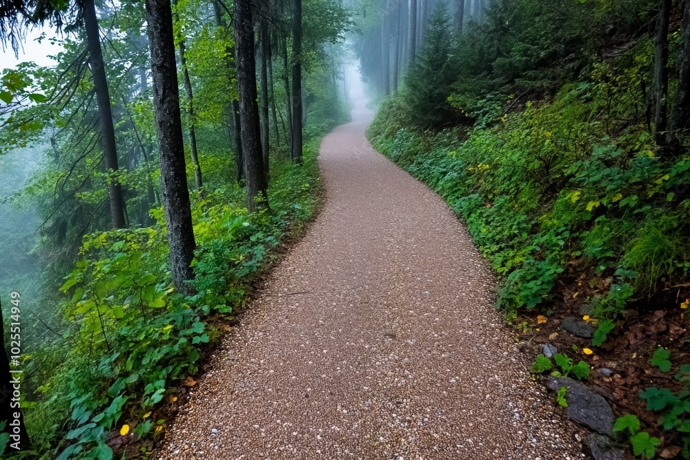 Misty forest path, with the fog moving gently between the trees, shrouding the trail in a soft, diffused light and creating a peaceful, quiet walk in the woods Misty forest path, with the fog moving gently between the trees, shrouding the trail in a soft, diffused light and creating a peaceful, quiet walk in the woods