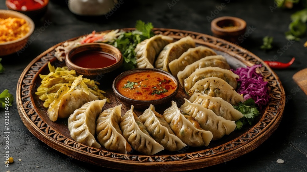 Delicious Dumplings Platter on Wooden Board Delicious Dumplings Platter on Wooden Board