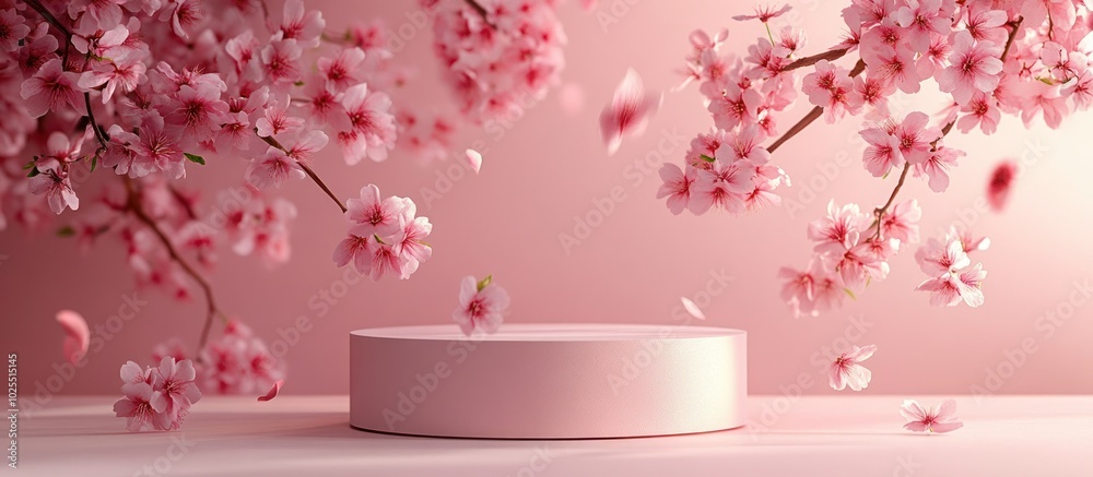 Pink podium with cherry blossoms falling from branches. Pink podium with cherry blossoms falling from branches.