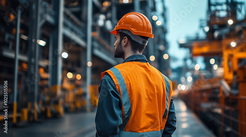 A male construction worker in an orange vest and hard hat stands in a factory setting, looking out over the work area.