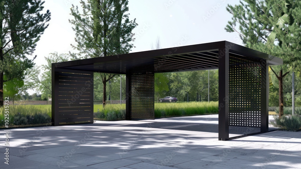 Modern Black Steel Pergola with Decorative Panels and Grass Modern Black Steel Pergola with Decorative Panels and Grass