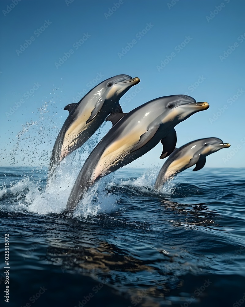 Obraz premium A pod of dolphins leap out of the water, creating a spray of sparkling water against a clear blue sky.