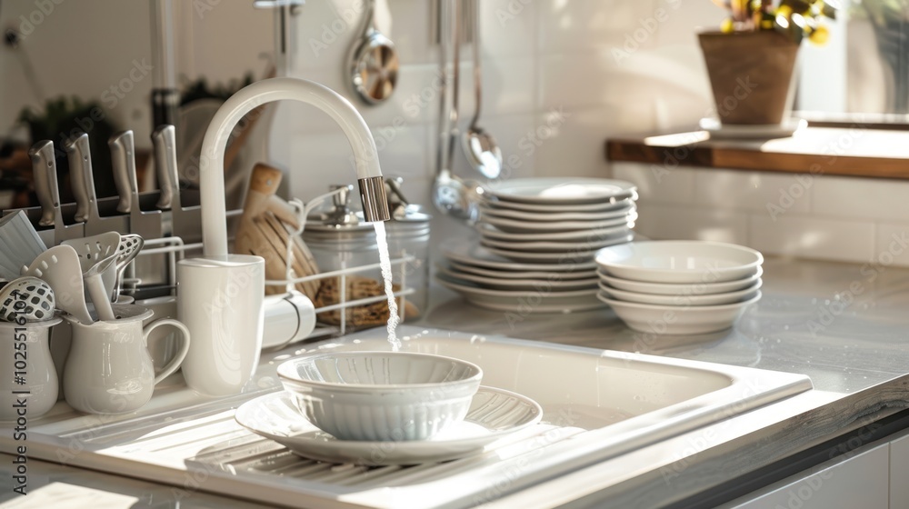 Fototapeta premium White Kitchen Faucet Running Water into Bowl on Countertop