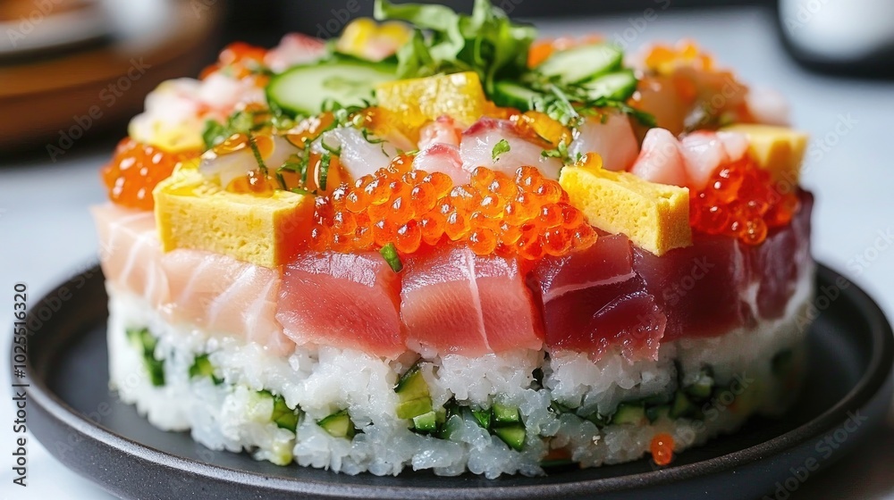 Colorful Layered Sushi Cake with Fresh Ingredients Colorful Layered Sushi Cake with Fresh Ingredients