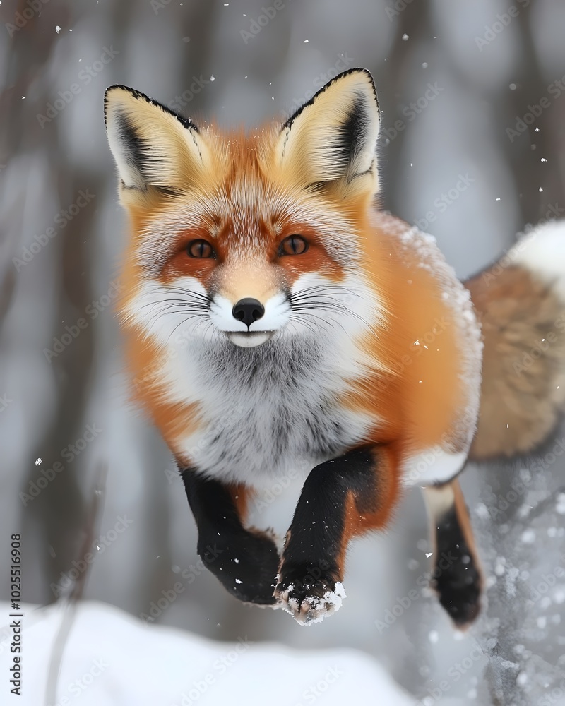 Fototapeta premium A red fox leaps through the snow, its fur catching the sunlight.