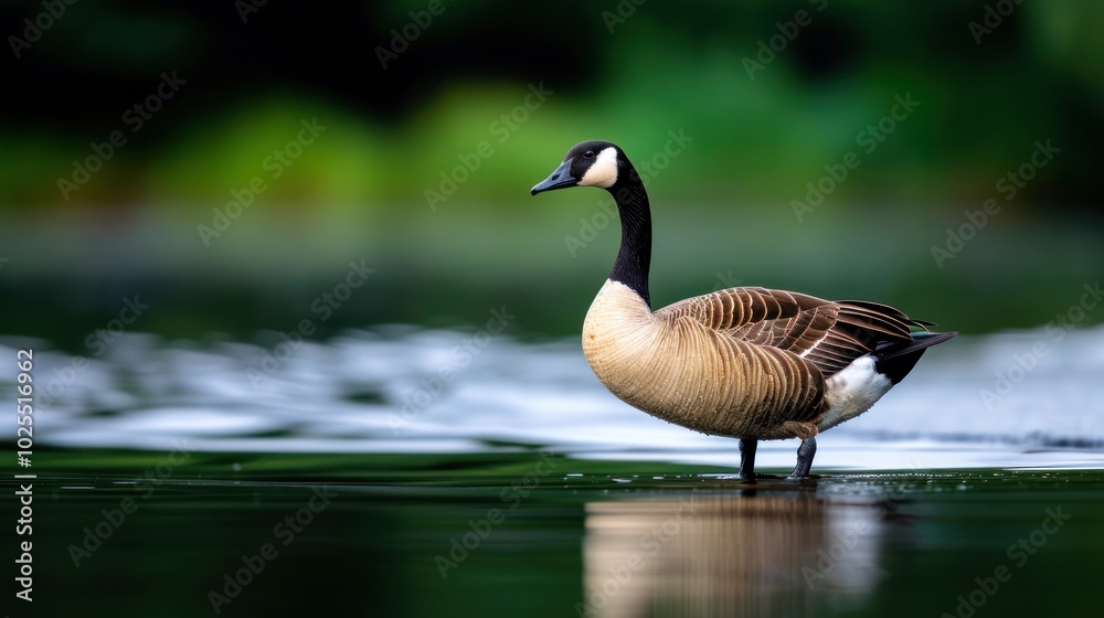 A single goose standing by the edge of a serene pond, its reflection perfectly mirrored in the water A single goose standing by the edge of a serene pond, its reflection perfectly mirrored in the water