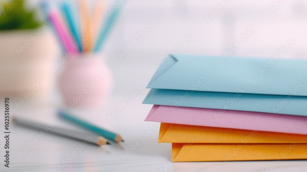 A stack of colorful card mockups fanned out on a designer's workspace, with creative tools and sketches nearby