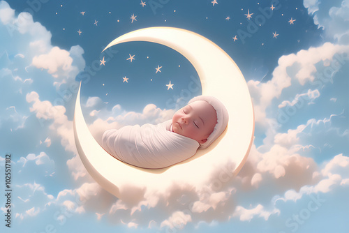  a newborn baby peacefully sleeping on a crescent moon prop